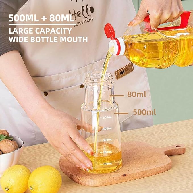 Ankou Auto Flip Lid Oil Dispenser Bottle for Kitchen-20oz 580ml Set of 2 Glass Olive Oil Dispenser Bottles with Scale, Oil and Vinegar Condiment Storage Container Set, Non-Drip Spout, Leakproof