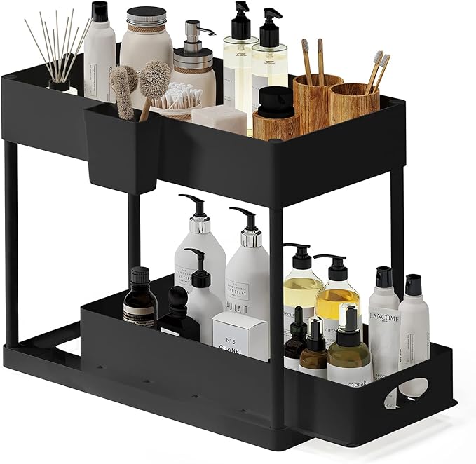 Under Sink Organizers and Storage, Bathroom Cabinet Organizer, Sink Shelf with Utility Hooks and Side Caddy for Under Cabinet Storage | Under Kitchen Sink Organizer with Sliding Drawer, Black (1-Pack)
