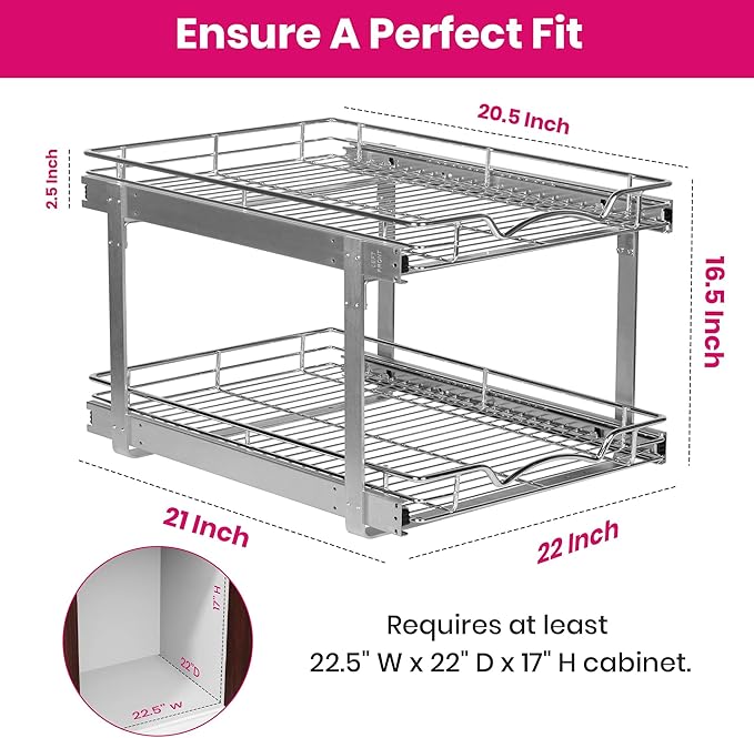 2-Tier Pull-Out Cabinet Organizer with Heavy-Duty Steel Frame, Full-Extension Sliding Shelves, Holds 100 lbs, Easy Install for Kitchen
