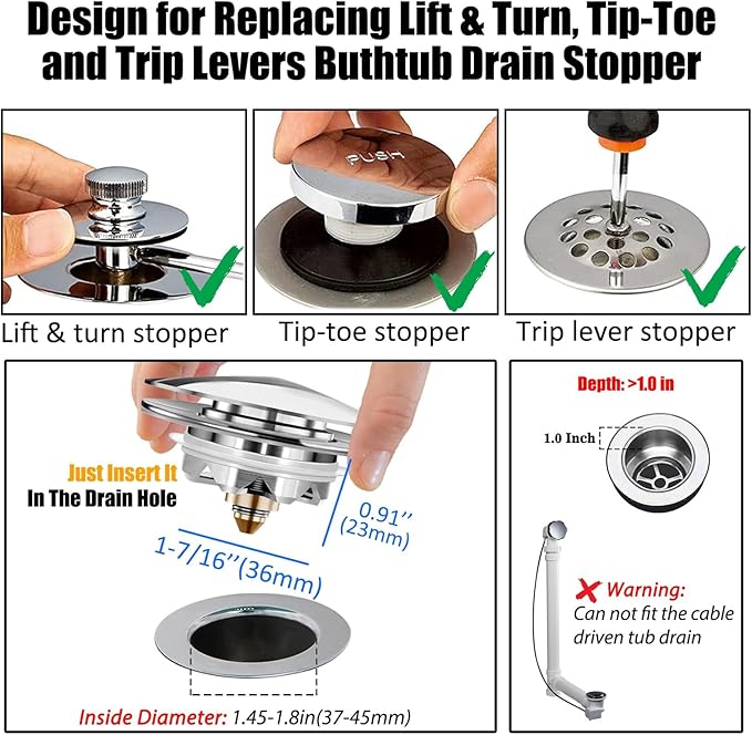 Anlige Bathtub Drain Stopper, Pop Up Tub Stopper and Cover, Bottom with Hair Catcher, Universal for 1.45 to 1.8 in Drain, Replaces Old Drain Plug