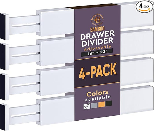 4-Pack Drawer Dividers - 2.6 Inches High, Adjustable 16 to 22 Inches Bamboo Drawer Organizer, Large Expandable Separator for Clothes, Dresser, Bedroom, Bathroom, Baby, Office, Kitchen Utensils, White