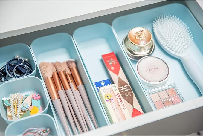 Set Of 12 Blue Color Plastic Desk Drawer Organizers For Makeup Bathroom Office