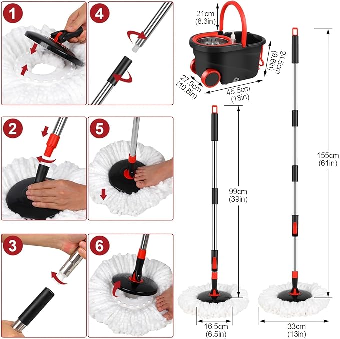 360° Spin Mop and Bucket System with Wringer - 61" Stainless Steel Handle & 3 Microfiber Refills, Self-Cleaning Floor Mop for Tile, Hardwood, Laminate Floors