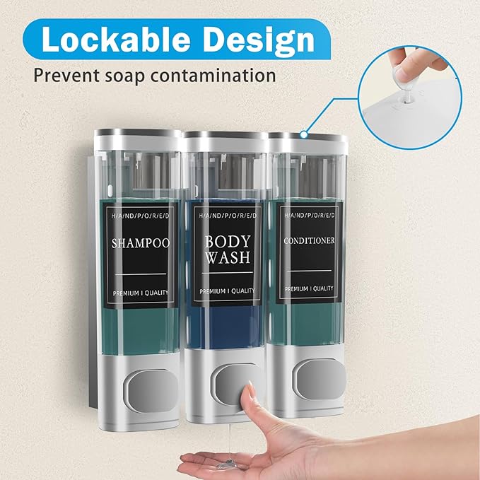 Shampoo and Conditioner Dispenser, Shower Soap Dispenser Wall Mounted, Shower Dispenser 3 Chamber No Drill for Bathroom Large Capacity (Silver)