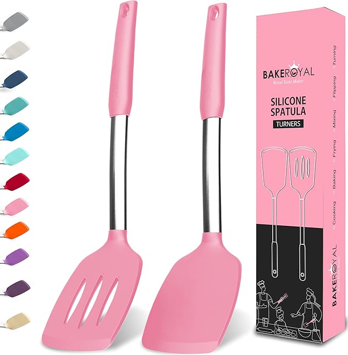 BakeRoyal Silicone Spatula Set - Turner Spatulas Silicone Heat Resistant 600°F - Slotted & Solid Spatula for Cooking Fish, Eggs, Pancakes Flipper – Spatulas for kitchen use – Pink