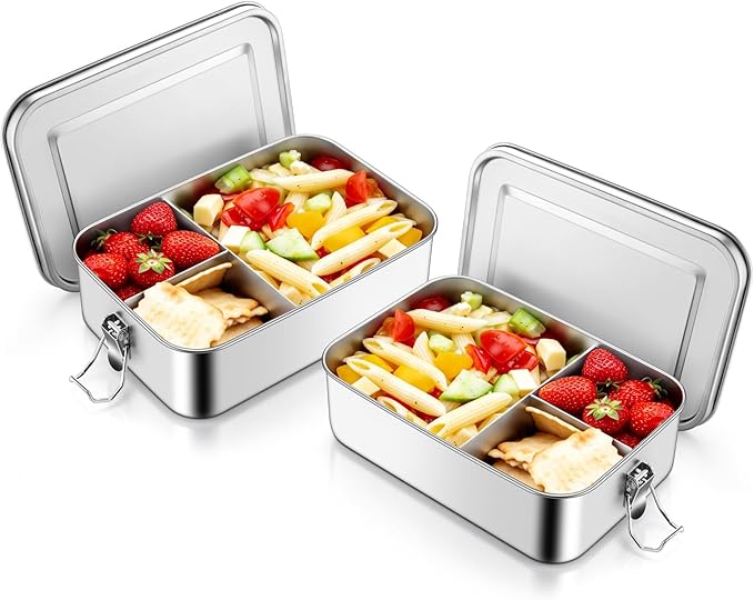 TeamFar 2 Pack Stainless Steel Bento Box, 47oz Metal Lunch Box with 3 Compartments for Adults/Kids, Lunch Food Containers for School/Work/Meal Prep