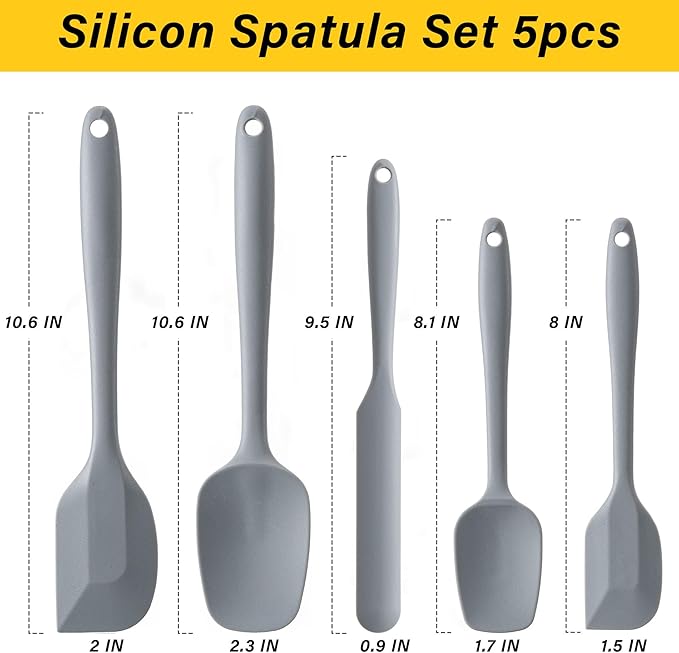 Silicone Spatula Set, 5 Piece Food Grade Rubber Spatulas for Baking, Cooking, and Mixing High Heat Resistant Non Stick Dishwasher Safe BPA-Free (Grey)