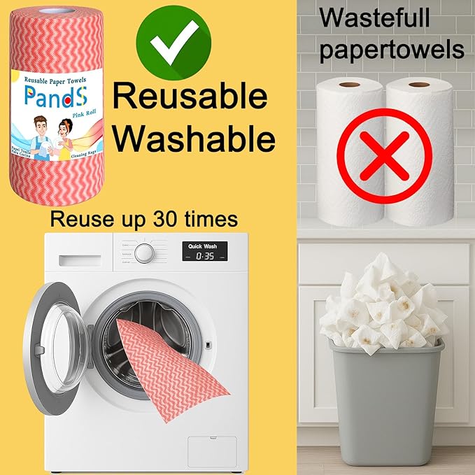 Reusable Paper Towels, 120 Full Sheets 2 Pack, Zero Waste Paperless Kitchen Cloths, Multi-Purpose Cleaning Wipes, Washable Towels - Pink