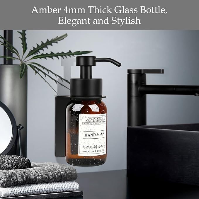 8.5oz Glass Soap Dispenser 2 Pack - Shampoo,Conditioner and Dish Soap Dispenser with Pump,Wall Mount Holder and Waterproof Labels for Kitchen and Bathroom (Brown)
