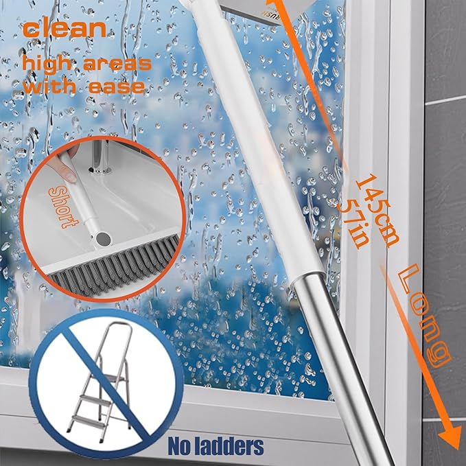 Floor Scrubbing Brush with 57" Adjustable Long Handle,3 in 1 Living Grout Brush with Squeegee,V-Shape Stiff Brush Bristle,Heavy Duty Bathroom Cleaning Brush for Tile,Deck,Patio,Wall,Garage,Kitchen