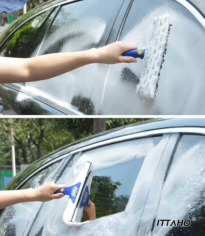 ITTAHO Window Squeegee Cleaner Tool,Window Cleaning Kit with Extension Pole,12" Squeegee and 11" Microfiber Scrubber Combi