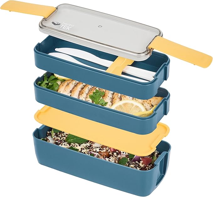 Restaurantware Bento Box 1 Count 30 Ounce Plastic Lunch Box Stackable With Cutlery, Leakproof Microwave-Safe Meal Prep Container Stackable Blue
