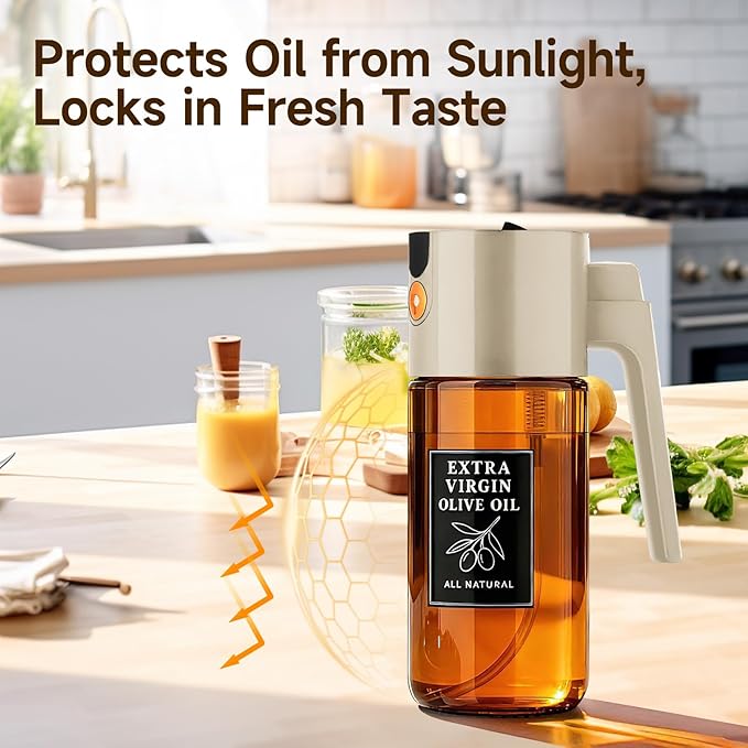 500ml Beige Glass Oil Sprayer, Fine Mist Spray Bottle for Baking, Salad, Air Fryer, Light Cooking, Refillable 2-in-1 Oil Dispenser