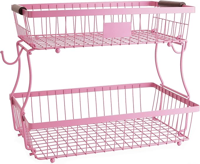 2-Tier Stackable Wire Basket with 2 Banana Hooks, Pantry Organizer for Kitchen Countertops, Cabinets & Under-Sink Spaces; Ideal for Storing Snacks, Fruits, Veggies, Onions, Potatoes, & More，Pink