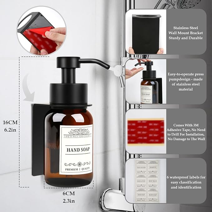 Glass Soap Dispenser with Pump and Wall Mount Holder,8.5 Oz Shampoo and Conditioner Dispenser with Waterproof Labels(Brown)