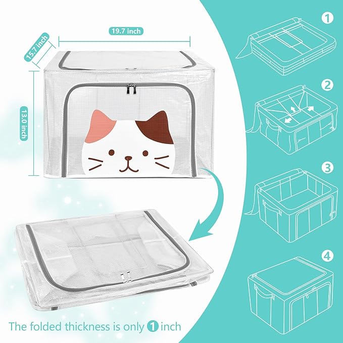 3 Pack Clear Storage Bins with Metal Frame,Waterproof Stackable Organizer Box with Durable Handles,Foldable Closet Container for Bedding, Clothes(Cute Cat,66L)
