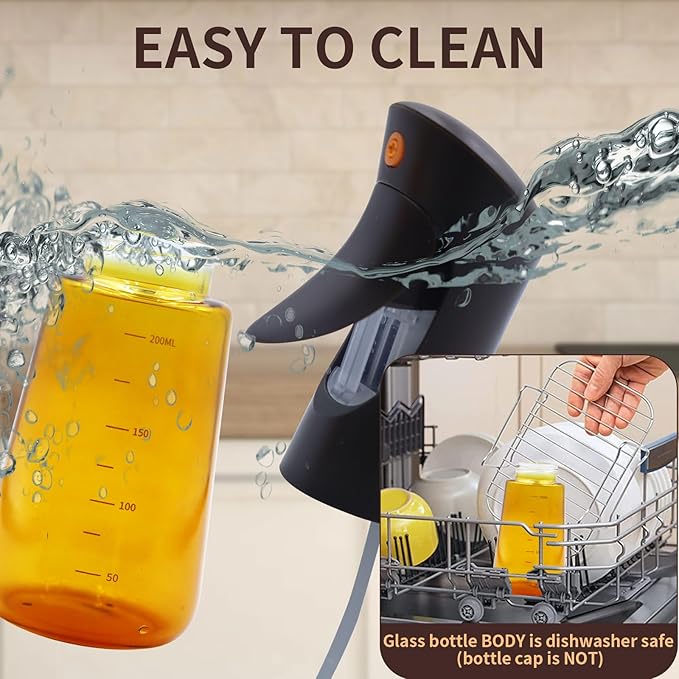 Olive Oil Sprayer for Cooking Glass, 200ml Olive Oil Dispenser Bottle Brown, Spray Bottles Oil Dispenser for Kitchen, Kitchen Gadgets for Salads, Grilling with 3 in 1 Cap Brush ＆ Straw Brush