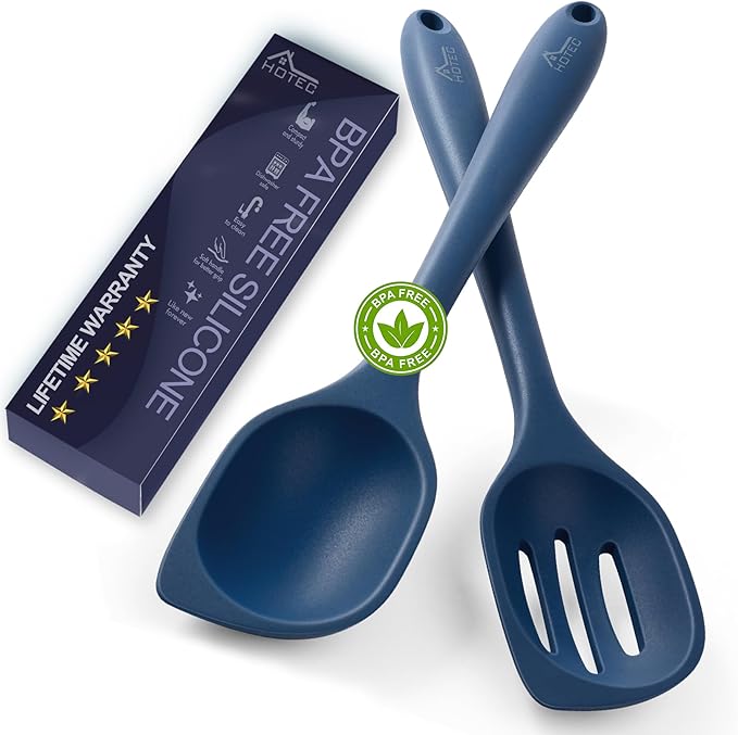 HOTEC 446°F Heat Resistant Silicone Cooking Spoon Spatula, BPA Free Large Kitchen Solid and Slotted Spoons for Mixing, Serving, Scraping, Non-stick, Dishwasher Safe Classic Blue 12.5inch