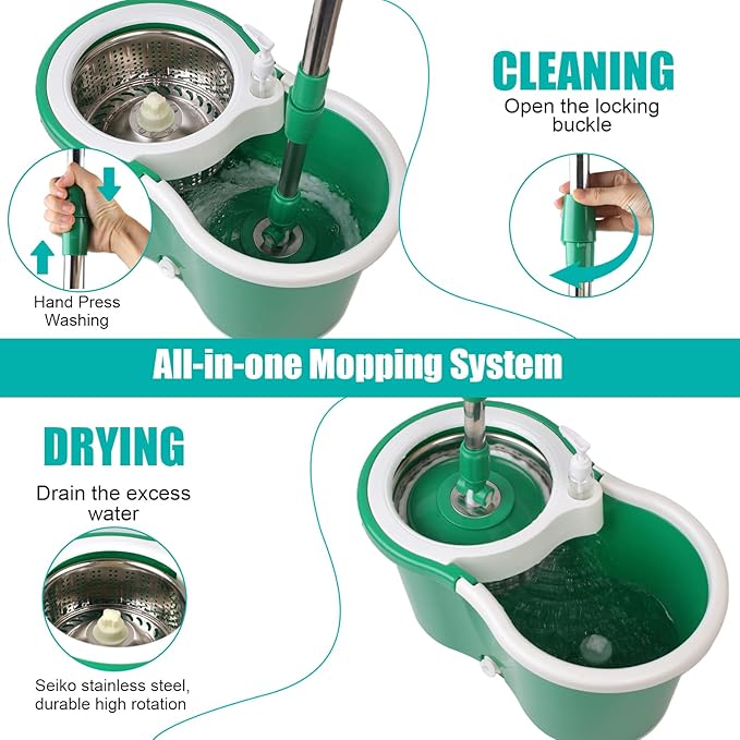 Spin Mop and Bucket with Wringer Set, 360° Spinning Mop Bucket System with 3 Microfiber Mop Replacement Heads and 61" Stainless Steel Adjustable Handle for Floor Cleaning (20QT)
