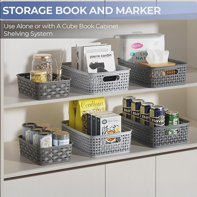 12 Pack Plastic Storage Baskets, Small Baskets for Organizing, Plastic Storage Bins Wicker Pantry Organizer Bins Household Toys for Laundry Room, Bedrooms, Kitchens, Cabinets, Countertops