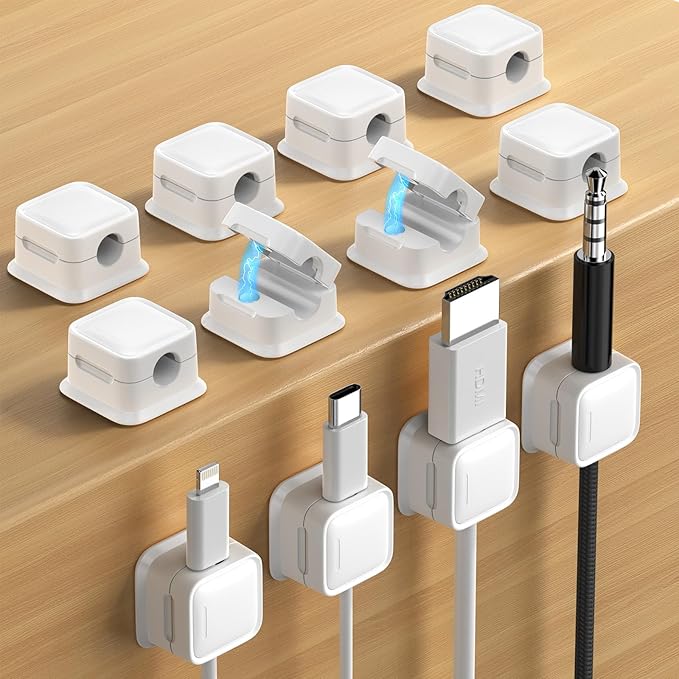 12 Pack Magnetic Cord Organizer Holder,Strong Adhesive Desk Cable Management Easy Open,Organize Phone Charging Cords Wire Holder Organizer Neatly for Home,Office,Car,Desk,Nightstand-White
