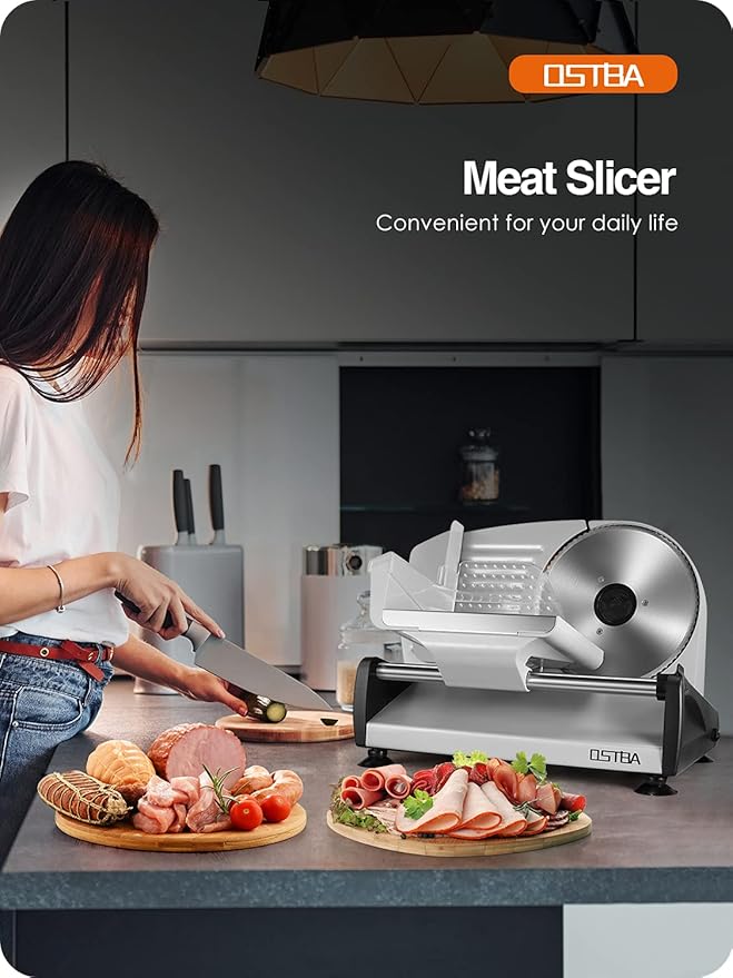OSTBA Meat Slicer Electric Deli Food Slicer with Child Lock Protection, Removable 7.5’’ Stainless Steel Blade and Food Carriage, Adjustable Thickness Food Slicer Machine for Meat, Cheese, Bread(150W)