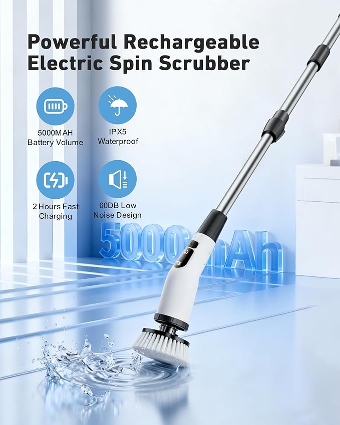 Powerful Electric Spin Scrubber, Cordless Cleaning Brush, Shower Scrubber,90-Min Extended Runtime, Telescopic Long Handle, 8 Replaceable Heads, 2 Speeds for Bathroom, Bathtub, Floor & Glass