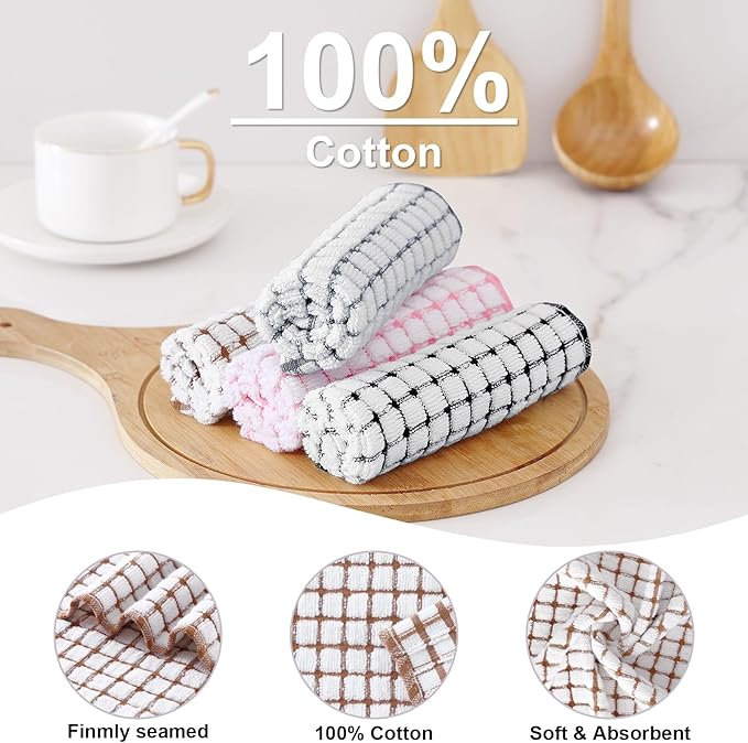 Kitinjoy Cotton 16 Pack Kitchen Towels and Dishcloths Sets, 16 x 25 Inch & 12 X 12 Inch Dish Towels Bulk, Super Soft and Absorbent Hand Towels for Kitchen Drying, Mix Color