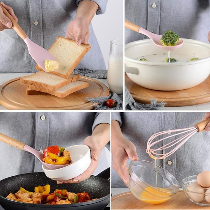 17PCS Silicone Utensils Set with Wooden Handle Heat Resistant Cookware Utensils Kit Easy To Clean Kitchenware Kitchen Tools for Non-Stick Cookware - Pink