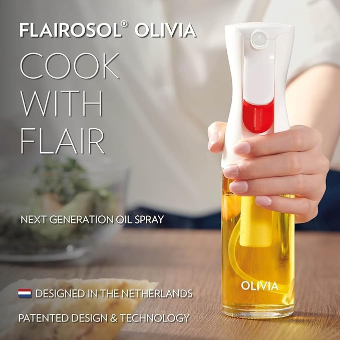 OLIVIA. The Original Advanced Oil Sprayer for Cooking, Salads, BBQs and More, Continuous Spray with Portion Control, Trusted by Chefs. Patented Technology. (Glass Bottle) (White Print)