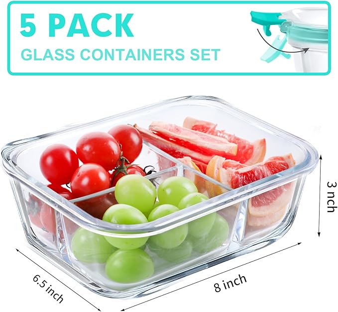 VERONES 5 Pack Glass Meal Prep Containers 3 Compartment Set, 36OZ Airtight Glass Lunch Containers, Glass Food Storage Containers with Lids