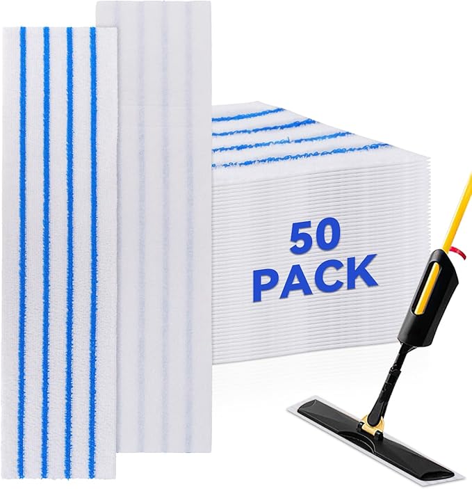 Replacement Disposable Microfiber Pad Fit for Rubbermaid Quick Connect Mop System - 50 Pack Wet & Dry Commercial Cleaning Refills with Scrubbing/Scouring Stripes Fit for Any Flat System 17 and 18 Inch