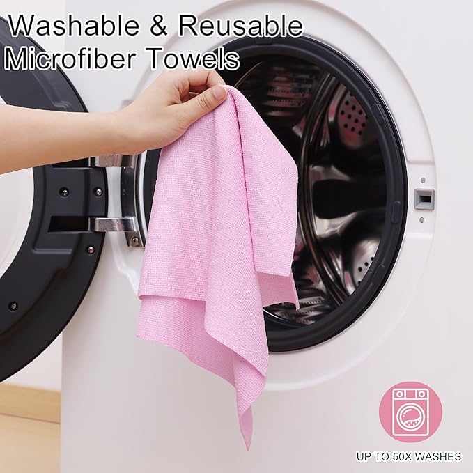 Homaxy Tear Away Dish Cloths Rolls, 40 Sheets-11.8" X 11.8", Reusable Washable Dish Towels for Kitchen, Ultra Absorbent and Quick Drying Microfiber Cleaning Rags, Pink