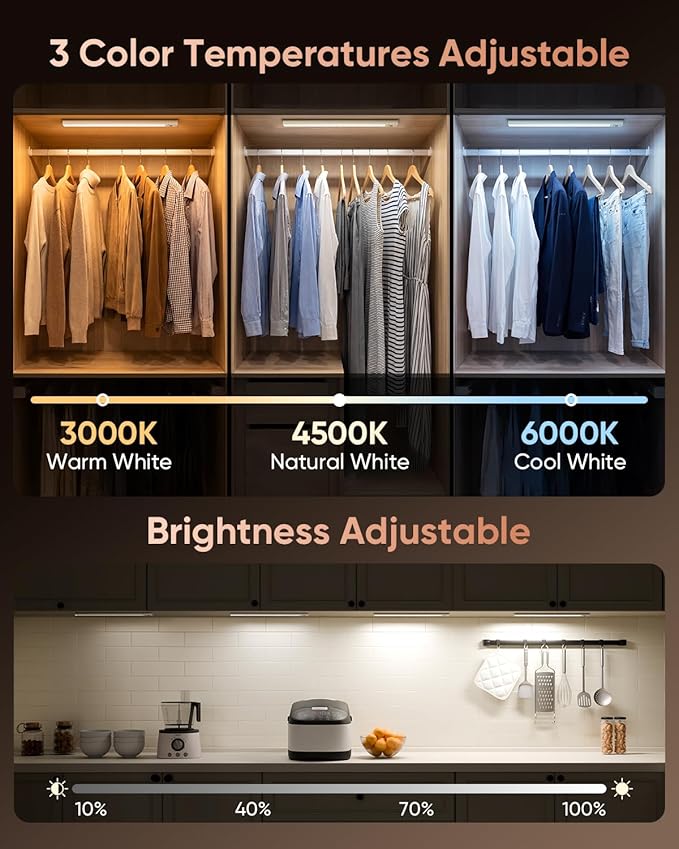 12inch Under Cabinet Lighting Wireless, 152LED Motion Sensor Light Indoor, USB Rechargeable Closet Lights, 3 Color Temps & Dimmable, Stick On Under Counter Lights for Kitchen, Pantry, Stairs, 3 Pack