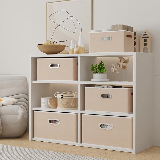 Yawinhe Fabric Storage Bins with Handles, Foldable Baskets for Shelves, Cubes with 3 Handles, Large Boxes for Clothes, Beige, 16.9''Lx11.8''Wx10.2''H, 4-Pack