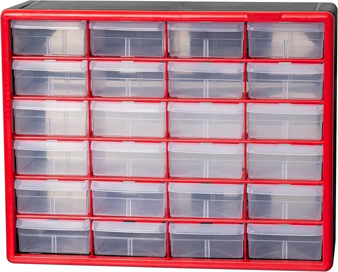 Akro-Mils 24-Drawer Plastic Drawer Storage Cabinet for Garage Organization, Bead Organizer, Building Bricks Storage, Teacher Toolbox, Makeup Organizer, 20-Inch W x 6-Inch D x 16-Inch H, 10124 Red