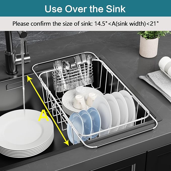 Small Dish Drainer Rack in Sink Adjustable, Expandable 304 Stainless Steel Metal Dish Drying Rack Organizer with Stainless Steel Utensil Holder Over Inside Sink Counter, Rustproof(For 1-2 People)