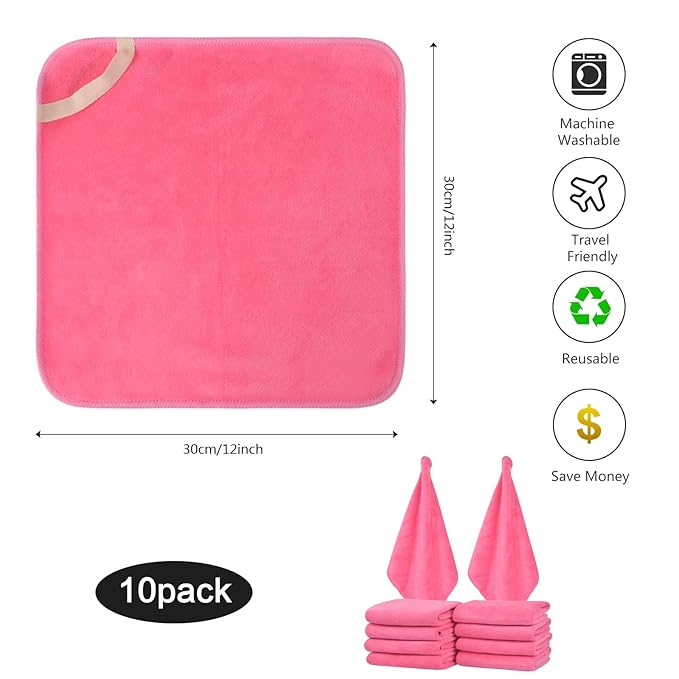 SINLAND Microfiber Facial Cloths Fast Drying Washcloth 12inch x 12inch Absorbent Face Wash Cloth Soft Makeup Remover Cloths Dark Pink 1 Count (Pack of 10)