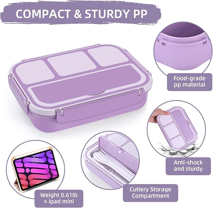 QQKO Bento Box Adult Lunch Box, Lunch Containers for Adults Men Women, Kids Lunch Boxes for School with 4 Compartments, Sauce Container