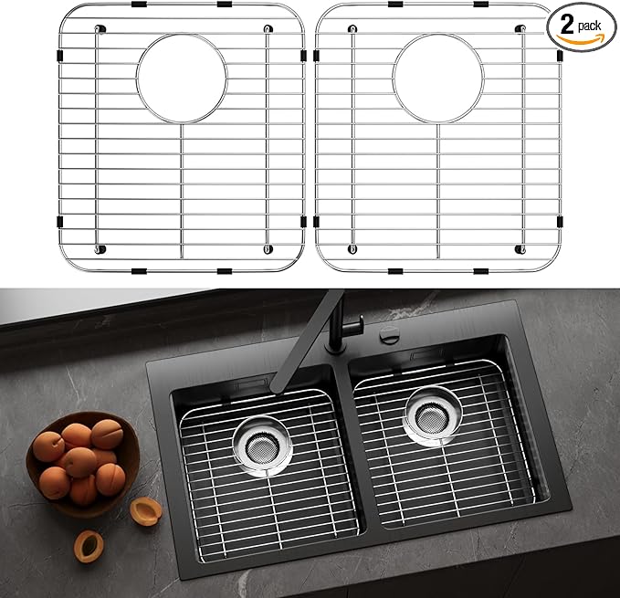 2Pack Stainless Steel Sink Protectors for Kitchen Sink, 13.12’’x11.6’’ Sink Protector Grid with Rear Drain