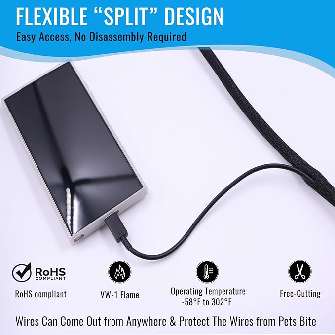 1/2" Braided Cable Sleeve - 10Ft Cat Cord Protector Split Wire Loom Tubing Flexible Self Wrapping for USB, Audio, Automotive Cord, Dog Chew Proof Cable Protector - Black