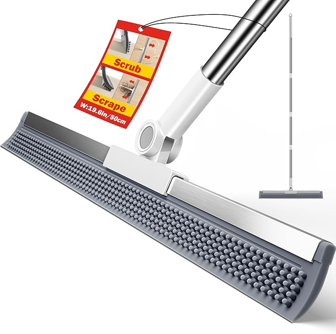 Floor Squeegee for Concrete Floors, 180° Rotating Silicone Broom, Squeegee for Floor with Long Handle and Dual-Sided Blade Design