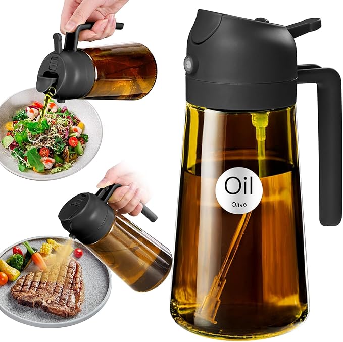 YARRAMATE 16oz/470ml Light Blocking Oil Sprayer for Cooking with Stickers, Food-Grade 2 in 1 Olive Oil Dispenser Bottle for Kitchen, Premium Dark Amber Glass Oil Bottle for Air Fryer, BBQ (Black)