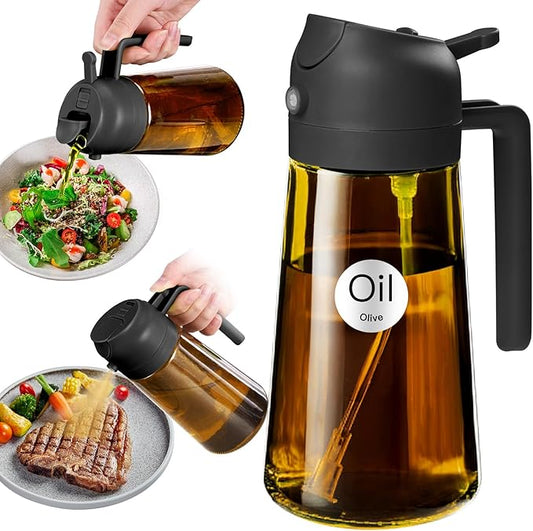YARRAMATE 16oz/470ml Light Blocking Oil Sprayer for Cooking with Stickers, Food-Grade 2 in 1 Olive Oil Dispenser Bottle for Kitchen, Premium Dark Amber Glass Oil Bottle for Air Fryer, BBQ (Black)