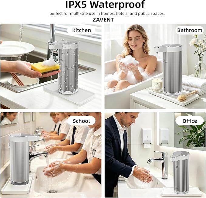 ZAVENT™ Touchless Automatic Soap Dispenser with Compact Black & White Organizer Tray for Kitchen & Bathroom Countertop, Stainless Steel Sensor Dispenser, Modern Design