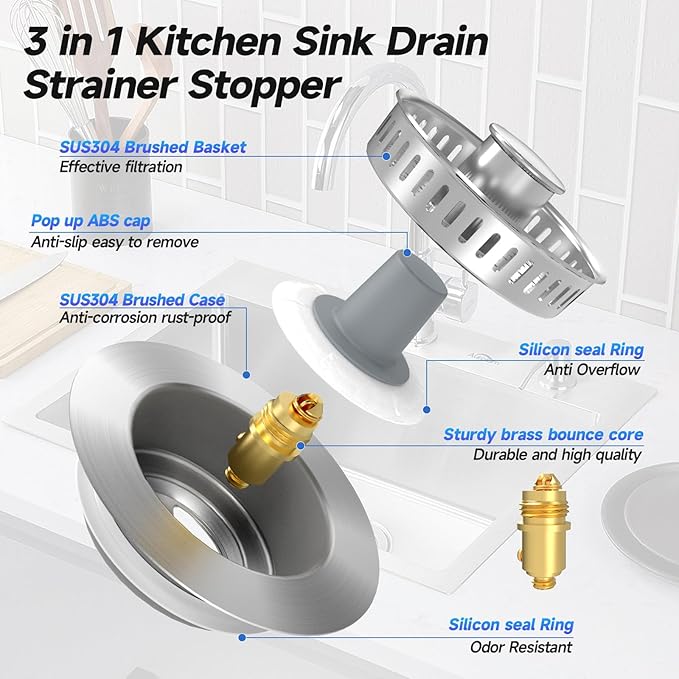 ULIOLI 3 in 1 Kitchen Sink Drain Strainer Sink Stopper, Stainless Steel Sink Drain Strainer with Anti-Clogging Basket, Kitchen Sink Drain Filter Plug for US Standard 3-1/2 Inch Drain (1Pack)