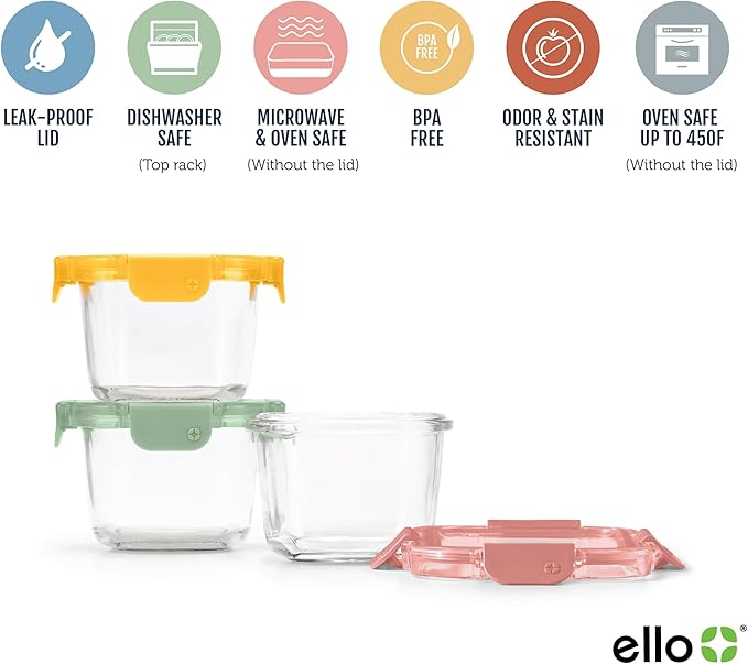 Ello Color Lock 2 Cup 6PC, 3 Pack Glass Meal Prep Sets Leak-Proof Glass Food Storage Containers with Airtight BPA-Free Plastic Lids, Dishwasher
