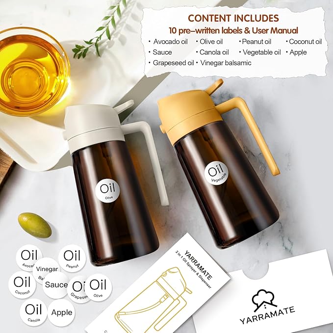 YARRAMATE 2PCS 16oz/470ml Oil Sprayer for Cooking with Stickers, Food-Grade 2 in 1 Olive Oil Dispenser Bottle for Kitchen, Premium Dark Green Glass Oil Bottle for Air Fryer, BBQ (White & Green)