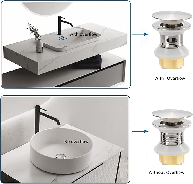 Rockgoya Bathroom Sink Drain,2 Pack Drain Stopper Bathroom Sink with Overflow,Pop Up Drain Assembly with Detachable Strainer Basket,Built-in Anti-Clogging Strainer,Stainless Steel Brushed Nickel