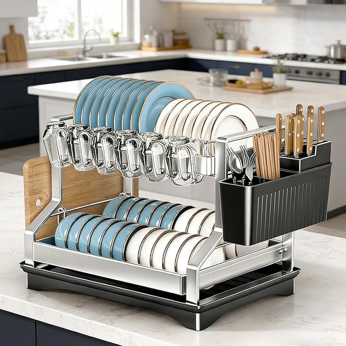 2Pcs Dish Drying Rack 2 Tiers, Stainless Steel Dish Drying Rack Stainless Steel Utensil Holder Large 2 Tier Dish Drainers for Kitchen Counter